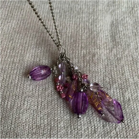 CREATION -  - Pendant necklace - long chain with violet beads central pieces - Picture 8 of 9